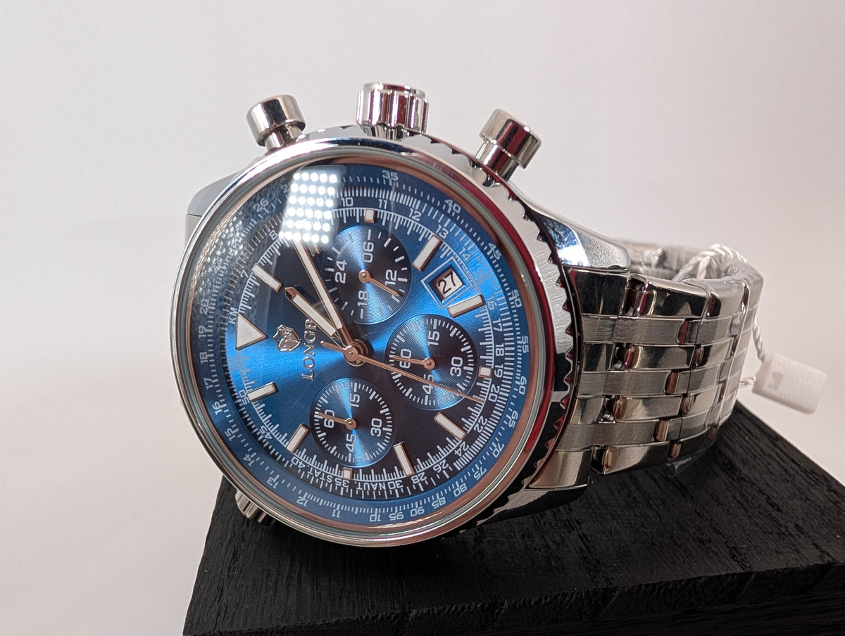LONGBO 83823 Men's Chronograph Watch — Blue Dial / Stainless Steel Bracelet - 44mm