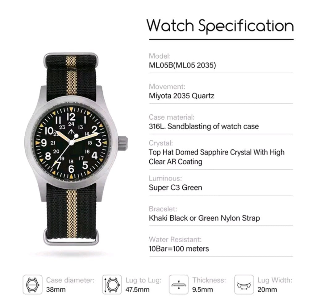 Militado ML05B men's Field watch - 38mm with 2 bonus straps